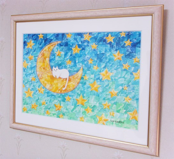 絵画「月と星とネコ」 2枚目の画像