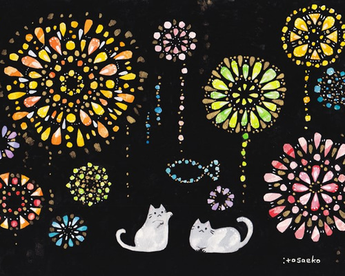 「 花火じゃらし 」B5大きめ 花火 盆おどり 猫イラスト 色鉛筆画 花火じゃらし 」B5大きめ 花火 盆おどり 猫イラスト 色鉛筆画