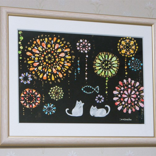 絵画「花火とネコ1」 絵画 伊藤彩恵子 通販 3986169｜Creema