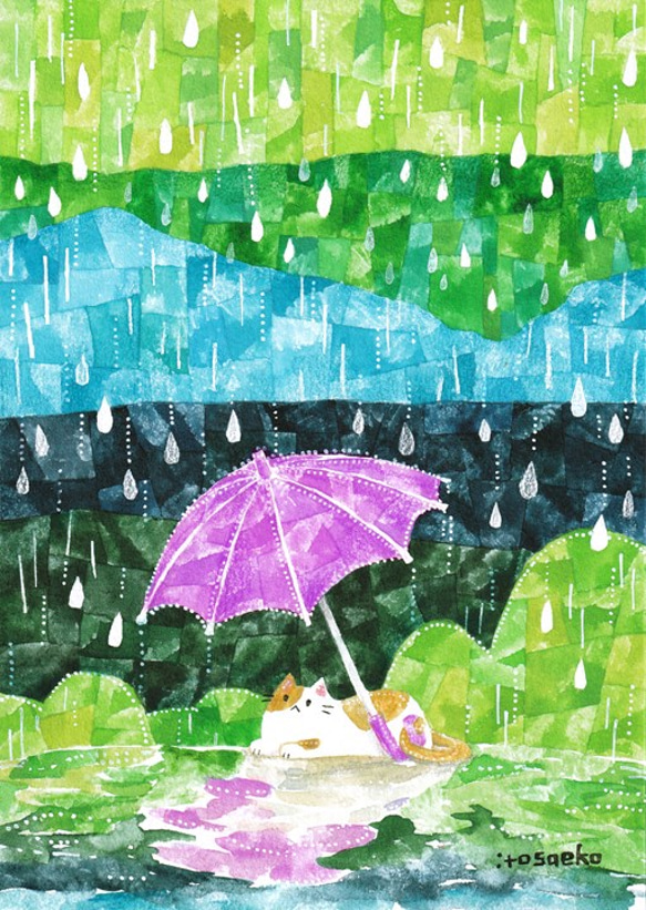 絵画「雨と傘とネコ」 1枚目の画像