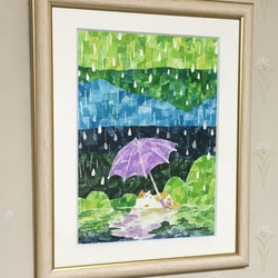 絵画「雨と傘とネコ」 2枚目の画像