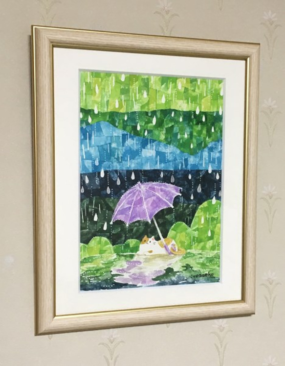 絵画「雨と傘とネコ」 2枚目の画像