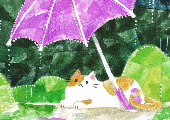 絵画「雨と傘とネコ」 5枚目の画像