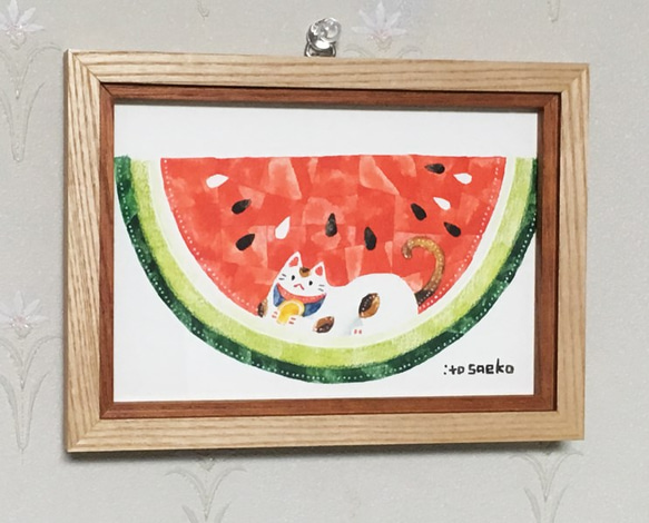 絵画「西瓜と招きネコ」 2枚目の画像