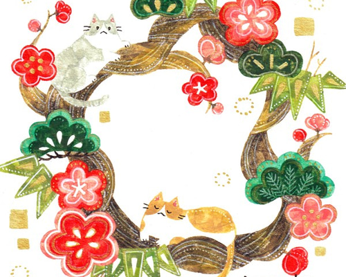 絵画「松竹梅とネコたち」 絵画 伊藤彩恵子 通販 6623357｜Creema