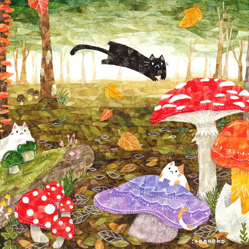 「猫とインコとイングリッシュコッカーのいる寝室」 アクリル画 原画 F8 絵画「キノコの森の中のネコ」 絵画 伊藤彩恵子 通販 6623688｜Creema