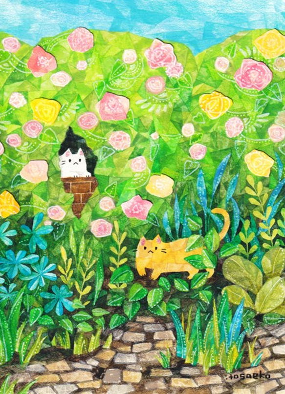 絵画「花咲く庭のネコ」 1枚目の画像