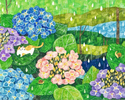 原画#3502 黒猫　紫陽花　雨　鳥　フランス　水彩画　ドローイング　インテリア 原画#3909 黒猫 花 蝶 カンヌ フランス 水彩画 ドローイング