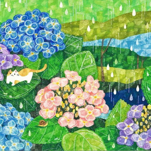 絵画　紫陽花と唐辛子　水彩画　お見本 絵画「紫陽花と蝸牛とネコ」 絵画 伊藤彩恵子 通販 7237897