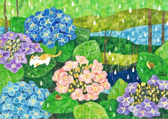絵画「紫陽花と蝸牛とネコ」 絵画 伊藤彩恵子 通販 7237897