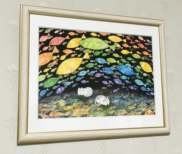 絵画「魚の虹を夢見るネコ」 2枚目の画像