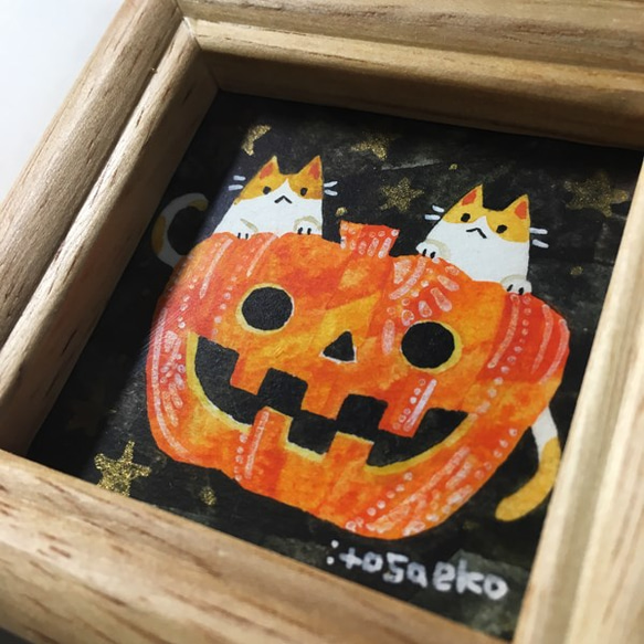 ミニ額入り原画「ハロウィンのネコ5」 2枚目の画像