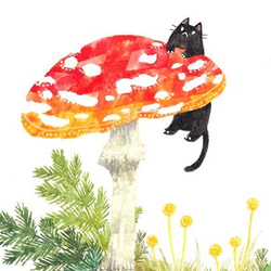 絵画「キノコと黒ネコ」 1枚目の画像