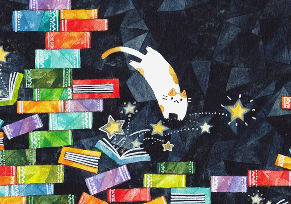 絵画「本の中の星とネコ」 4枚目の画像