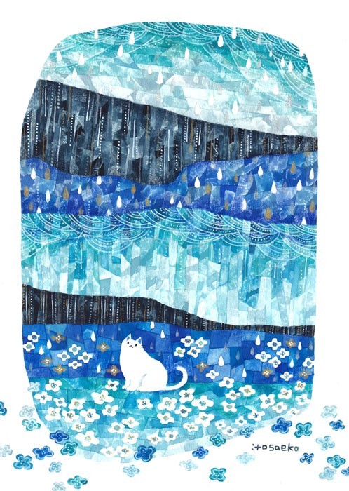 原画#3746 黒猫　雨　カンヌ　花　水彩画　ドローイング　インテリア　絵画　絵