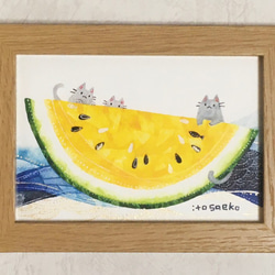 絵画「黄色い西瓜の船とネコ」 2枚目の画像