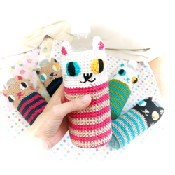ペットボトルカバー　ベアチェック柄　レッドアボガニー　ハンドメイド 受注制作】シマシマねこちゃん手編みボトルカバー♡ペットボトル500ml
