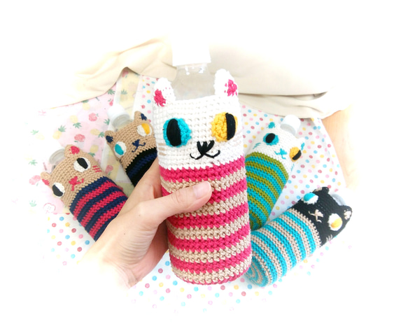 受注制作】シマシマねこちゃん手編みボトルカバー♡ペットボトル500ml