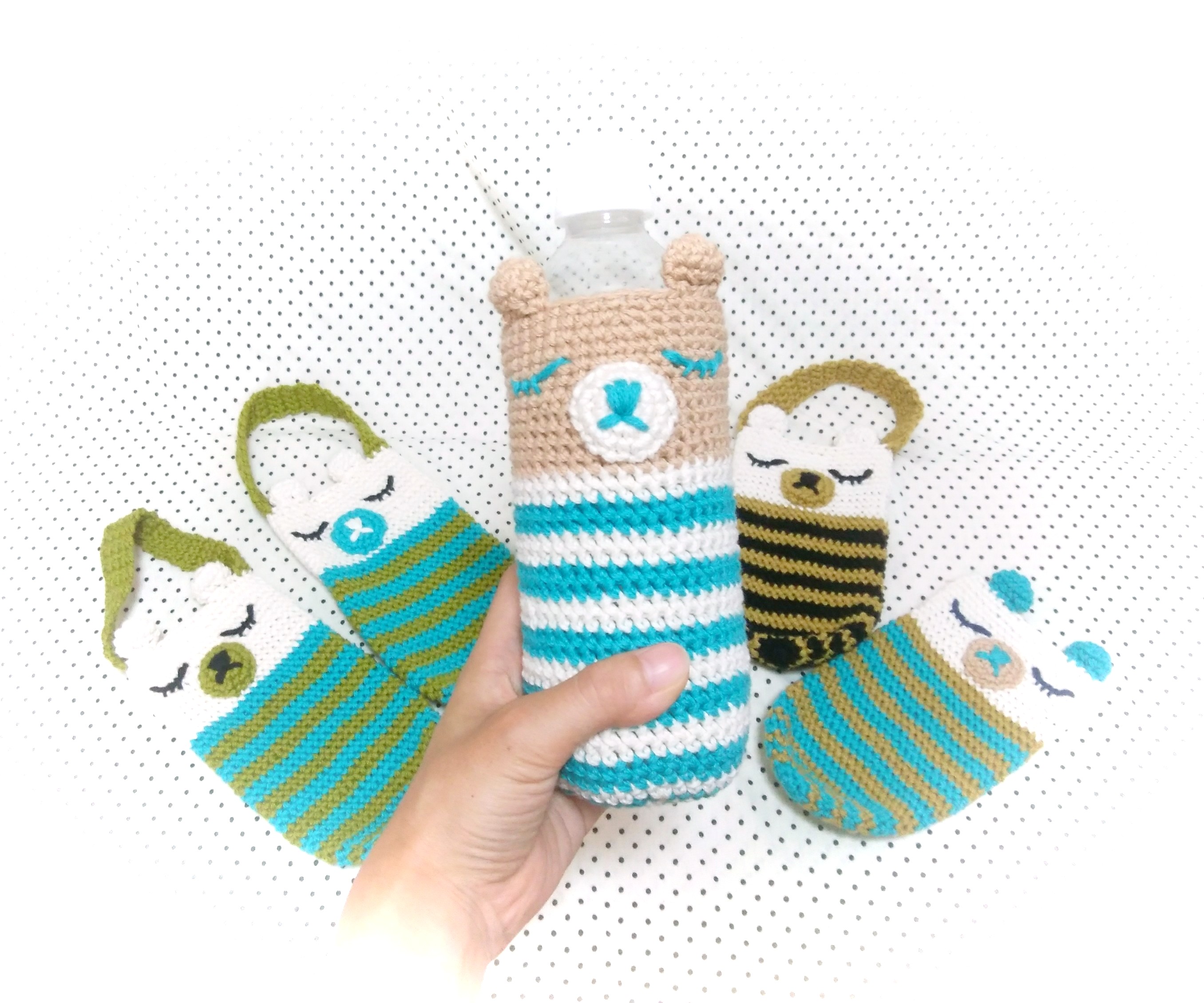 ♥️手編み♥️ハンドメイド♥️ニットバッグ♥️ペットボトルカバー♥️ピンクのくまさんバッグ