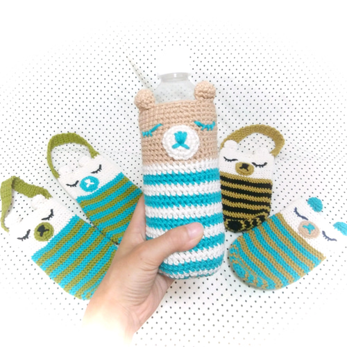 受注制作】シマシマくまちゃん手編みボトルカバー♡ペットボトル500ml 