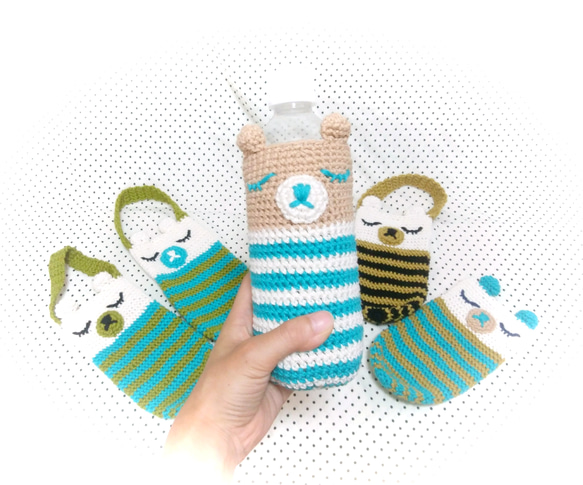 受注制作】シマシマくまちゃん手編みボトルカバー♡ペットボトル500ml