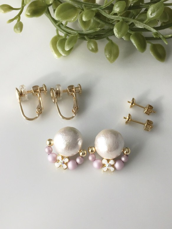 cotton pearl & flower earrings （ラベンダー） 4枚目の画像