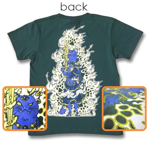 猫Tシャツ　不動猫明王（常緑色）【猫佛シリーズ3】