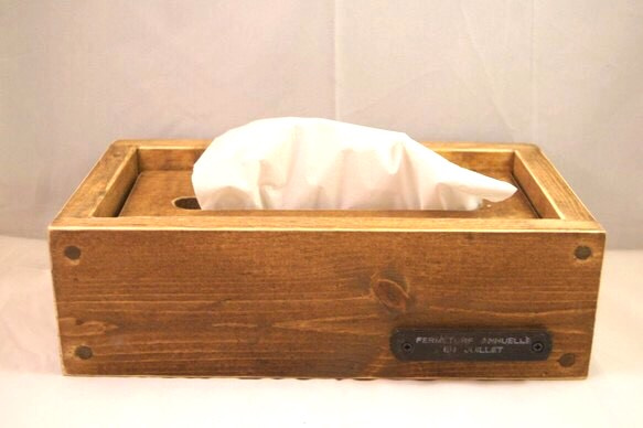 アイアンラベル付木製ティッシュボックス【再販】ナチュラル 1枚目の画像