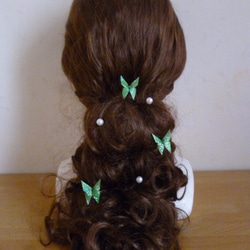 桜柄緑の蝶＆パールピン 友禅和紙おりがみ髪飾りセット　 3枚目の画像