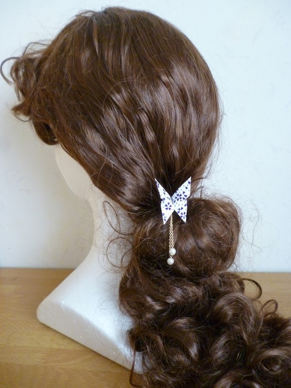 友禅和紙使用　パールおりがみかんざし　髪飾り　紫小桜の蝶 3枚目の画像