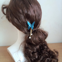 友禅和紙使用　パールおりがみかんざし　髪飾り　青い蝶 3枚目の画像