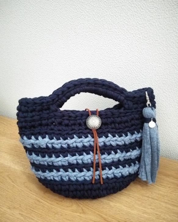 ボーダーマルシェバッグ ズパゲッティ Tシャツヤーン使用 トートバッグ