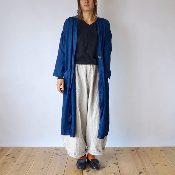 【福袋】棉質羽織長袍（靛藍）+氣球褲（單刺子料）2件套 第1張的照片