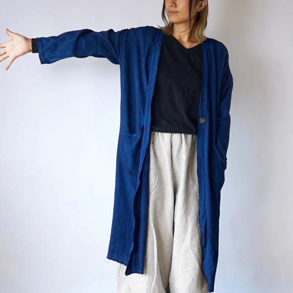 【福袋】棉質羽織長袍（靛藍）+氣球褲（單刺子料）2件套 第4張的照片