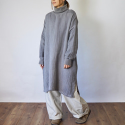 高領洋裝蓬鬆6層紗布/灰色/三河紡織 第3張的照片