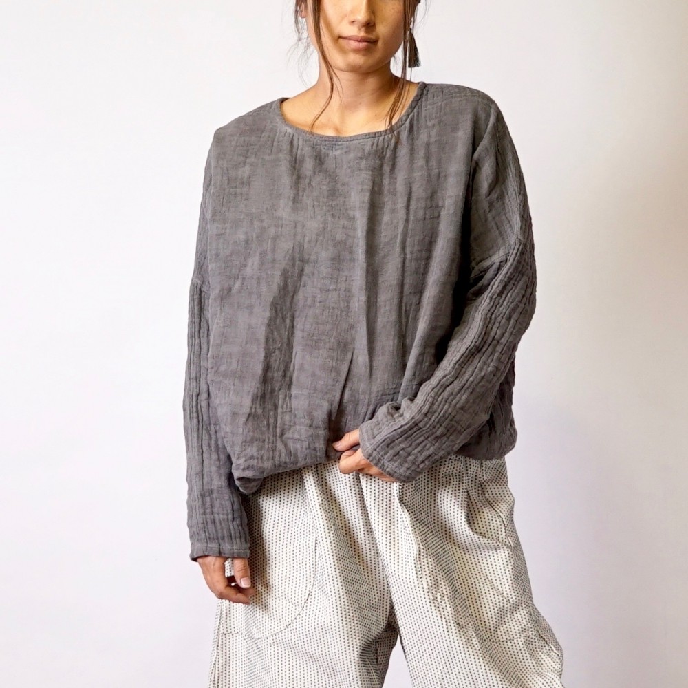 『福袋』ゆったりガーゼロンT/グレー + 一本刺し子 バルーンパンツ/ブルー