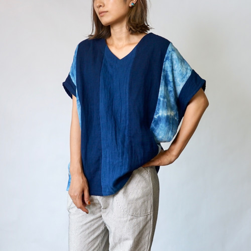 UZUIRO 知多綿チェックガーゼTシャツ TSUGIHAGIブルー △廃盤△VネックガーゼTシャツ/TSUGIHAGIブルー/知多木綿 ダブル