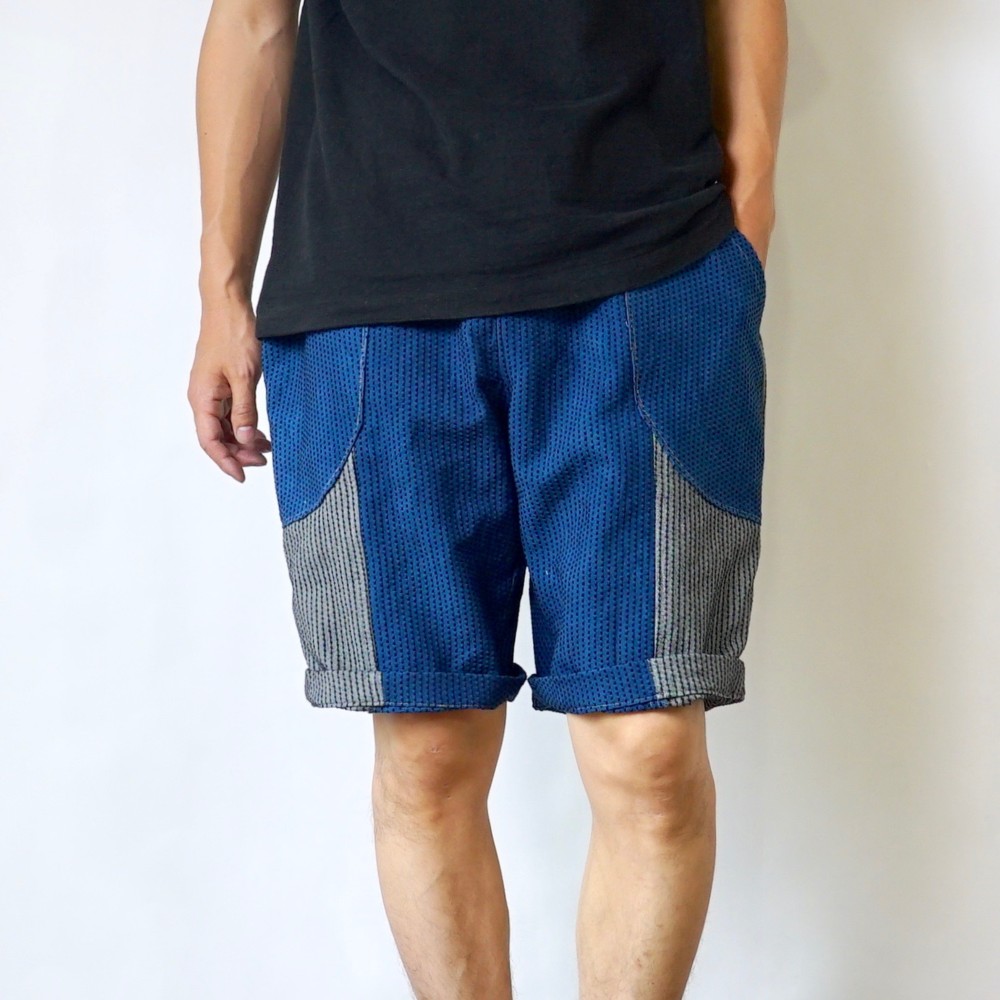 一本刺し子ハーフパンツ/パッチワーク-ブルーグレー/三河木綿刺し子織