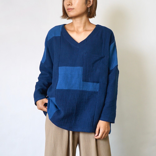 UZUIRO 知多綿チェックガーゼTシャツ TSUGIHAGIブルー VネックガーゼロンT/TSUGIHAGIブルー/知多木綿 格子柄ガーゼ