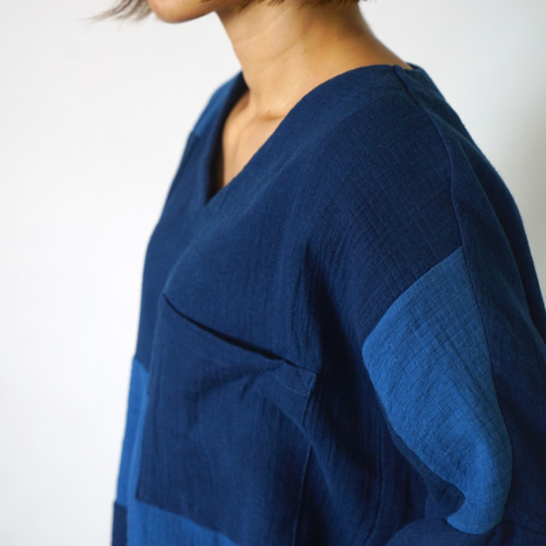 UZUIRO 知多綿チェックガーゼTシャツ TSUGIHAGIブルー △廃盤△VネックガーゼTシャツ/TSUGIHAGIブルー/知多木綿 ダブル