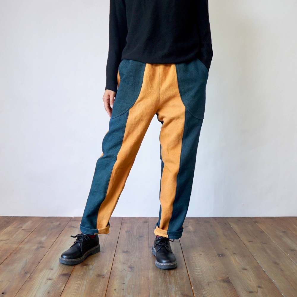 ツートンスッキリサルエルパンツ/オレンジ×グリーン/三河木綿 刺し子織