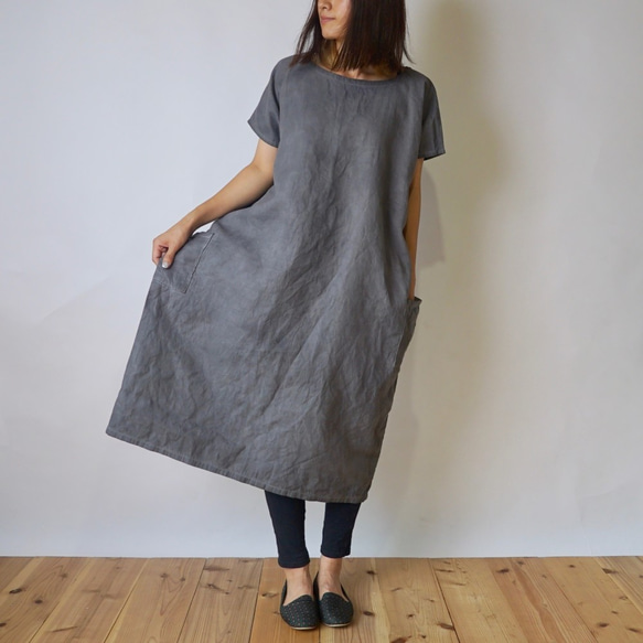 夏季Yuru方形連衣裙/柿芝灰色/ Mikawa Textile 第1張的照片
