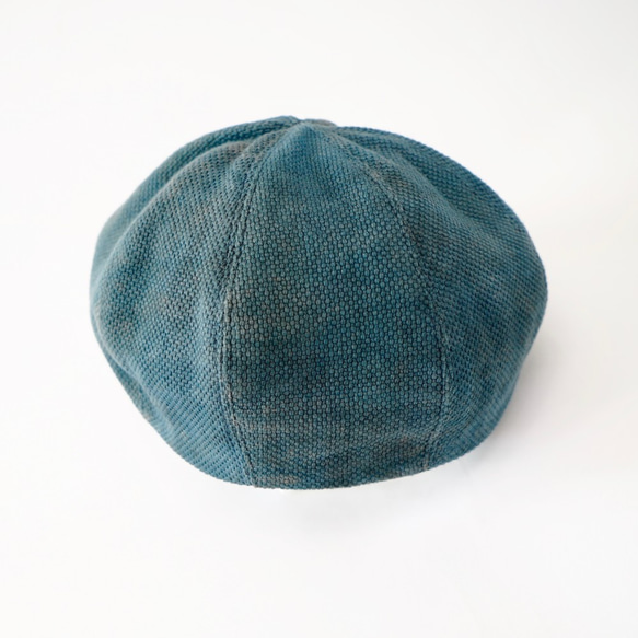 もこもこベレー帽 ブルーグリーン 三河木綿刺し子織り 2枚目の画像
