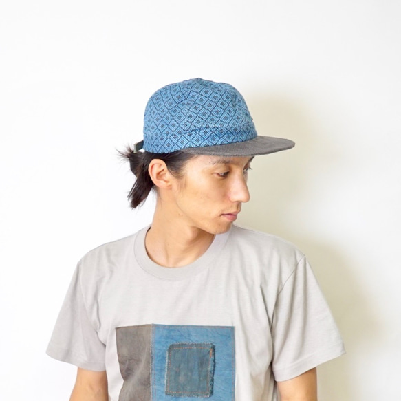 二色帽子四眼/淺靛藍×灰色/三河棉刺子編織 第3張的照片