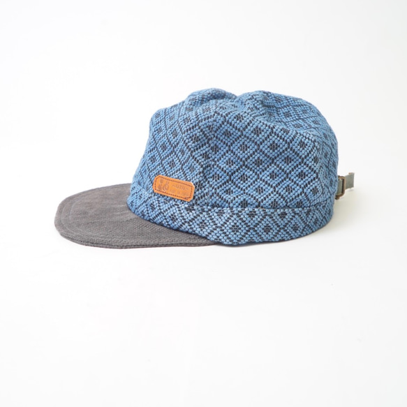 二色帽子四眼/淺靛藍×灰色/三河棉刺子編織 第6張的照片