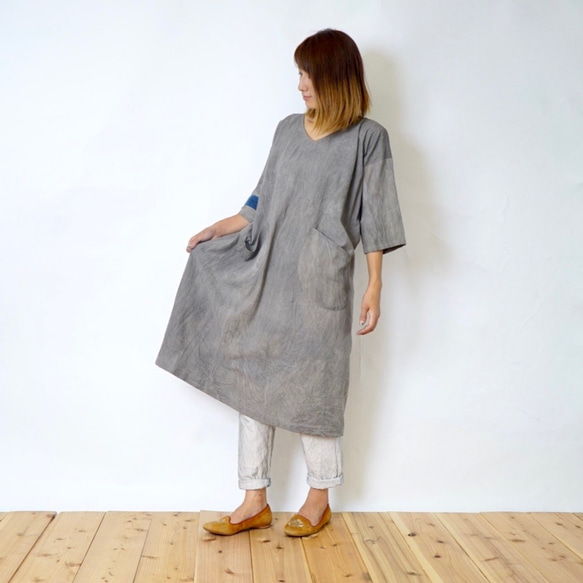 四分之三的袖子連衣裙亞麻圖案線/淺灰色/ Mikawa紡織品 第2張的照片