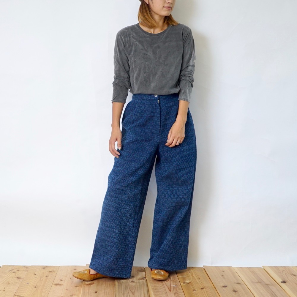 麻柄ワイドパンツ/2カラー/三河木綿 刺し子織