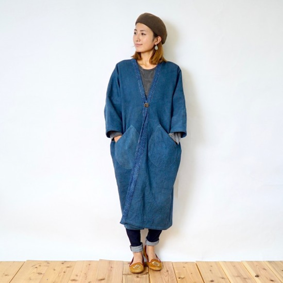Mokotto 羽織大衣/藍色/Mikawa Cotton Sashiko Weave 第2張的照片