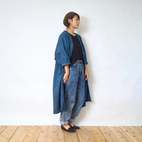 Mokotto 羽織大衣/藍色/Mikawa Cotton Sashiko Weave 第6張的照片