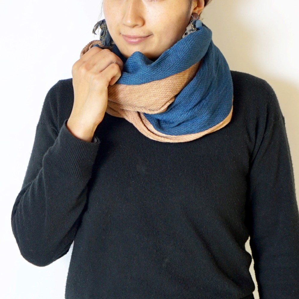 ツートンガーゼスヌード/ブルー×ベージュ/知多木綿 ダイヤガーゼ